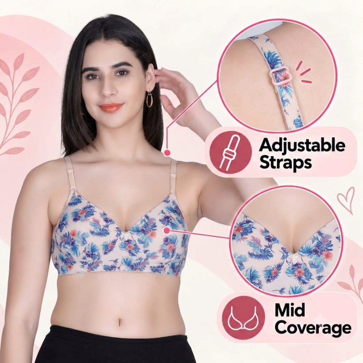 Aimly Floral Printed Soft Padded Lycra Mid Coverage Everyday Women Bra | Wireless Comfort Fit Breathable Stretch Fabric Lightly Padded Bra | Adjustable Strap Seamless Daily Wear Supportive lingerie