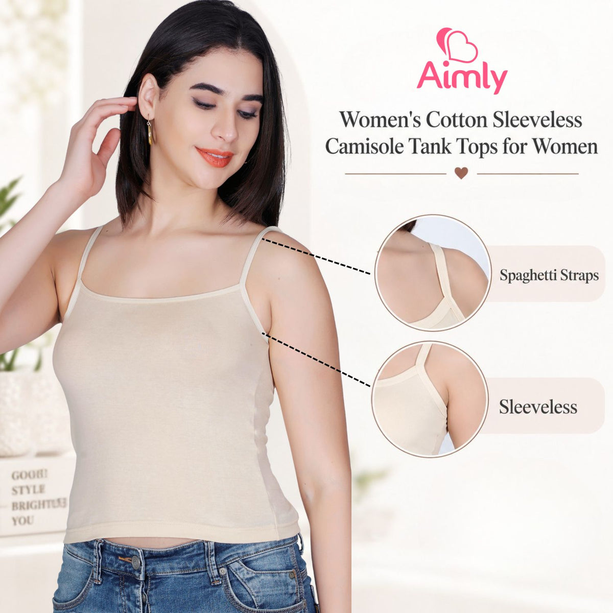 Aimly Women’s Cotton Camisole | Sleeveless Spaghetti Strap Innerwear Vest | Soft Breathable Lightweight Daily Wear Sleepwear Camisole with Slim Straps | Casual Solid Basic Tank Top for Girls & Women | Comfortable Everyday Innerwear | Undershirt Vest