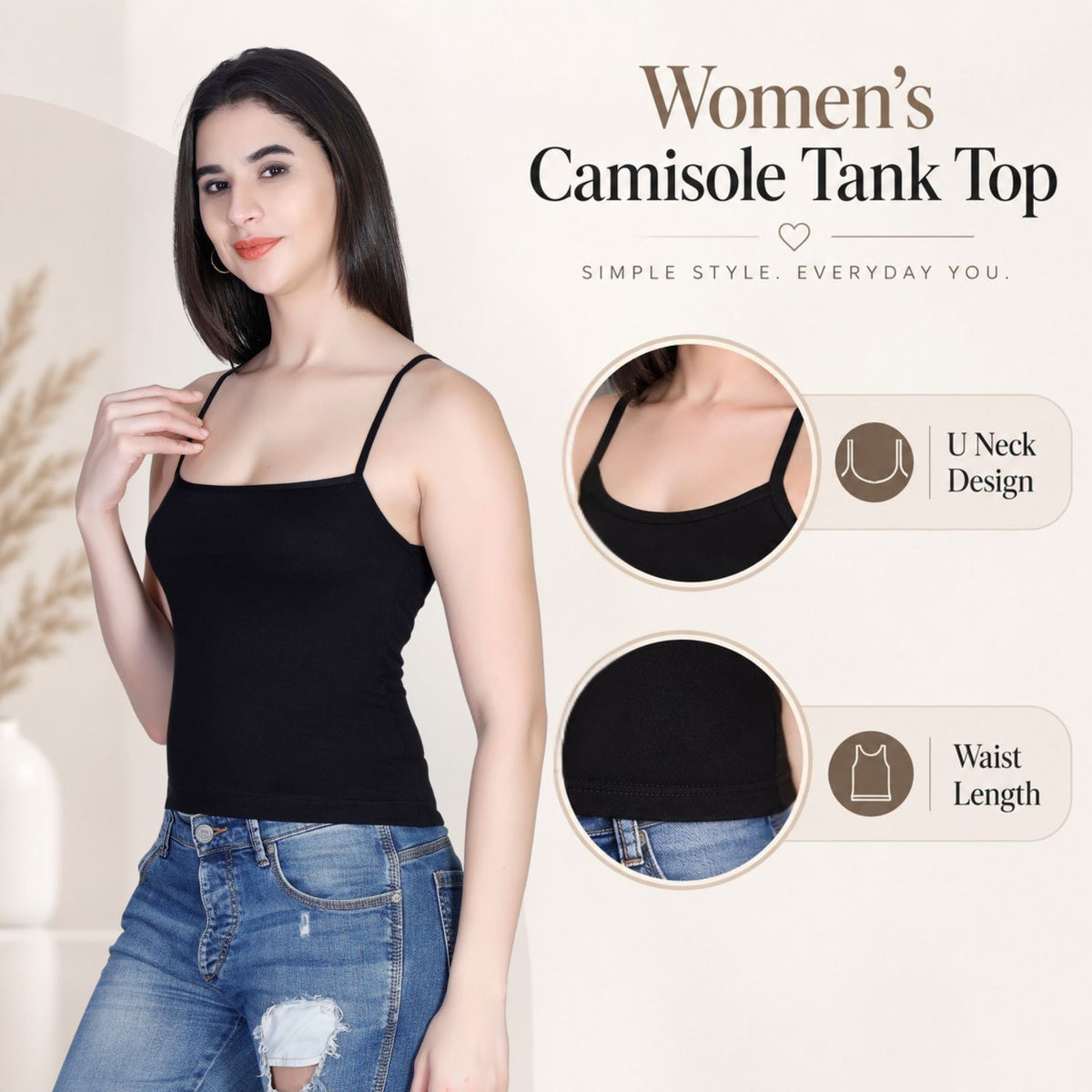 Aimly Women’s Cotton Camisole | Sleeveless Spaghetti Strap Innerwear Vest | Soft Breathable Lightweight Daily Wear Sleepwear Camisole with Slim Straps | Casual Solid Basic Tank Top for Girls & Women | Comfortable Everyday Innerwear | Undershirt Vest