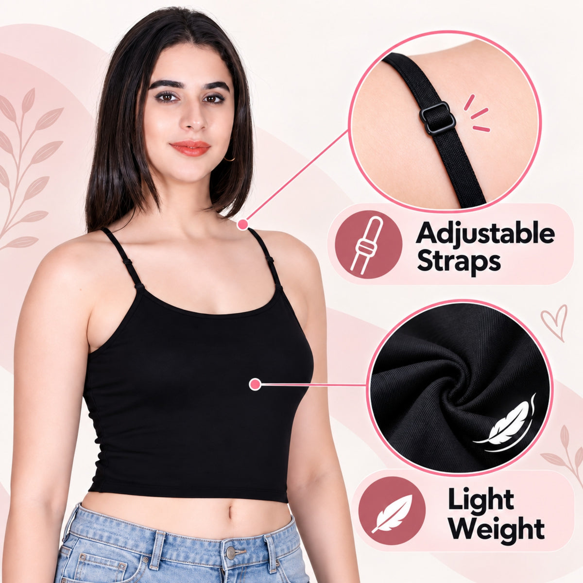Aimly Women’s Cotton Adjustable Strap Non Padded Cami Bra | Soft Breathable Comfort Moisture Wicking Wire free Crop Top Innerwear for Casual Outfits, Office, College, Travel & Everyday Comfort | Seamless Daily Wear Supportive Bra for Girls & Women