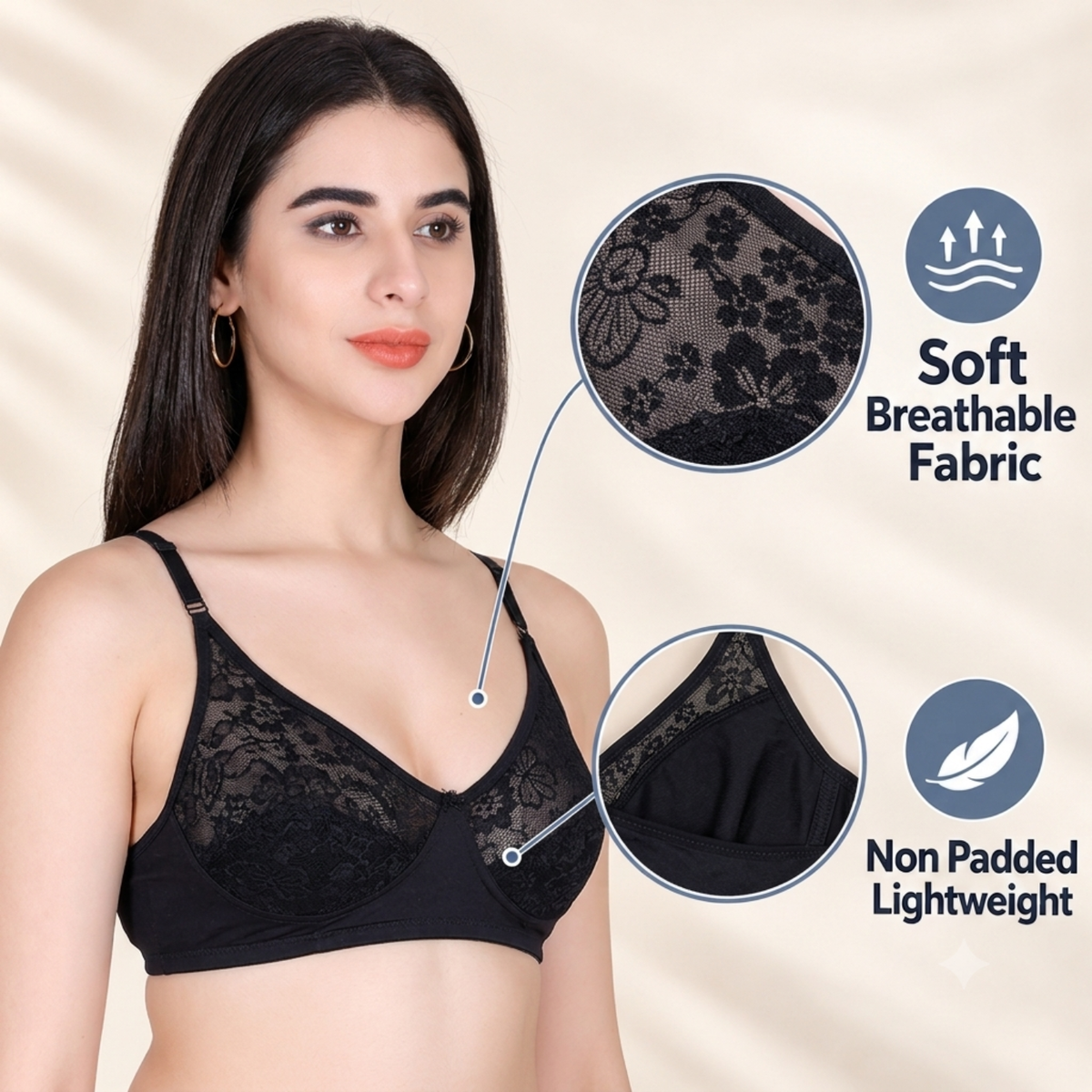 Aimly Women’s Lace Non-Padded Wireless Bra | Full Coverage Comfort Bra with Adjustable Straps | Soft Everyday Supportive Lingerie for Women (Pack 1)