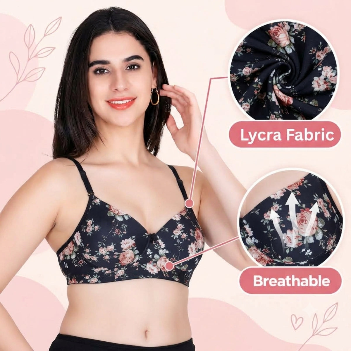 Aimly Floral Printed Soft Padded Lycra Mid Coverage Everyday Women Bra | Wireless Comfort Fit Breathable Stretch Fabric Lightly Padded Bra | Adjustable Strap Seamless Daily Wear Supportive lingerie