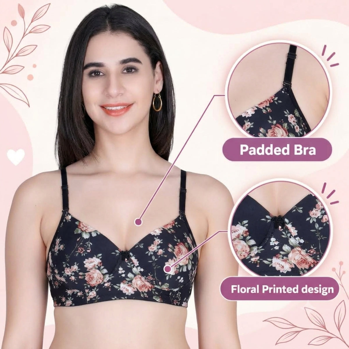 Aimly Floral Printed Soft Padded Lycra Mid Coverage Everyday Women Bra | Wireless Comfort Fit Breathable Stretch Fabric Lightly Padded Bra | Adjustable Strap Seamless Daily Wear Supportive lingerie