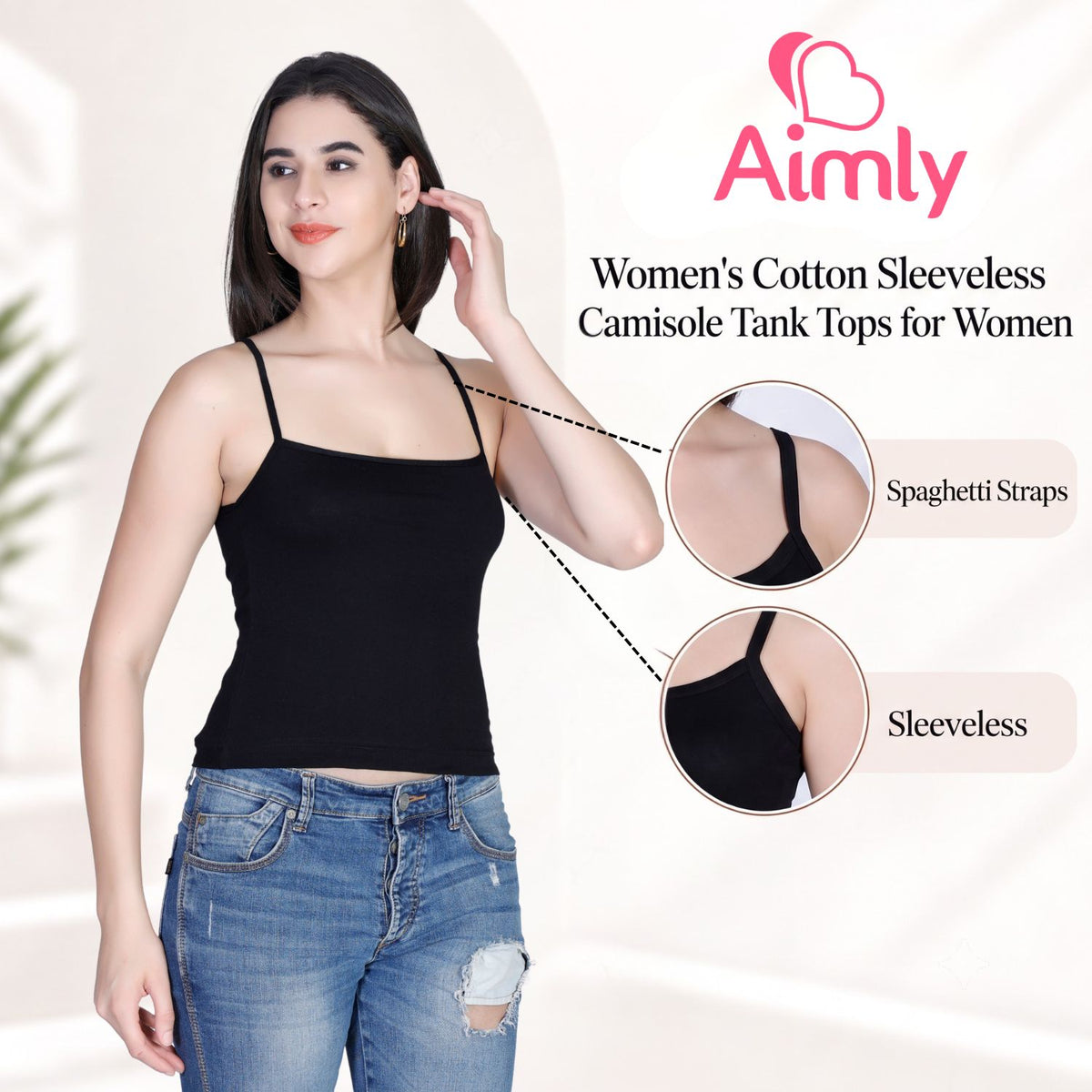 Aimly Women’s Cotton Camisole | Sleeveless Spaghetti Strap Innerwear Vest | Soft Breathable Lightweight Daily Wear Sleepwear Camisole with Slim Straps | Casual Solid Basic Tank Top for Girls & Women | Comfortable Everyday Innerwear | Undershirt Vest