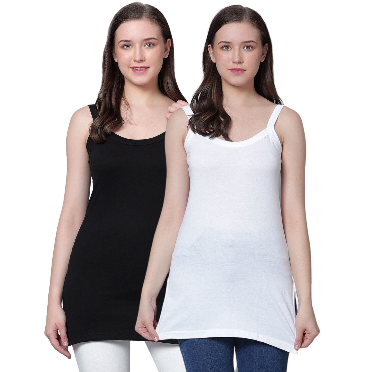 Women's Cotton Sleeveless U Neck Long Spaghetti Slips Regular Use Camisoles 1 white 1 blk pack of 2