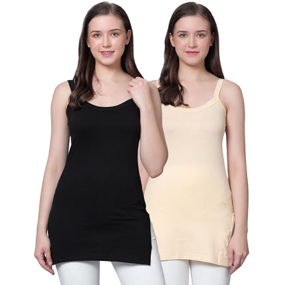 Women's Cotton Sleeveless U Neck Long Spaghetti Slips Regular Use Camisoles Multicolor pack of 2