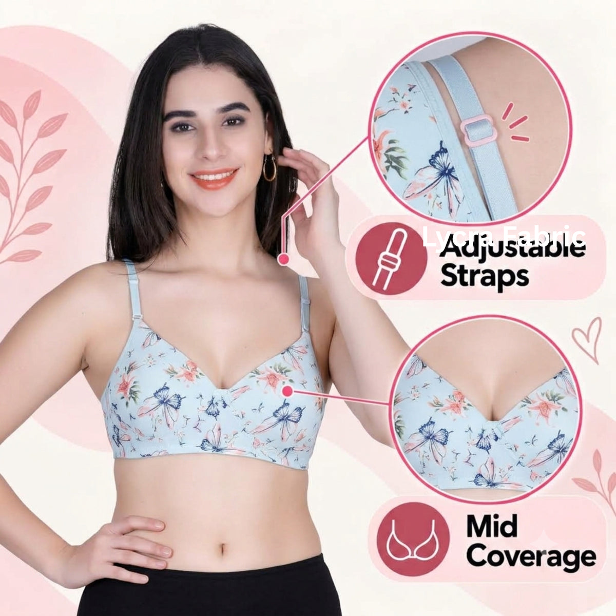Aimly Floral Printed Soft Padded Lycra Mid Coverage Everyday Women Bra | Wireless Comfort Fit Breathable Stretch Fabric Lightly Padded Bra | Adjustable Strap Seamless Daily Wear Supportive lingerie