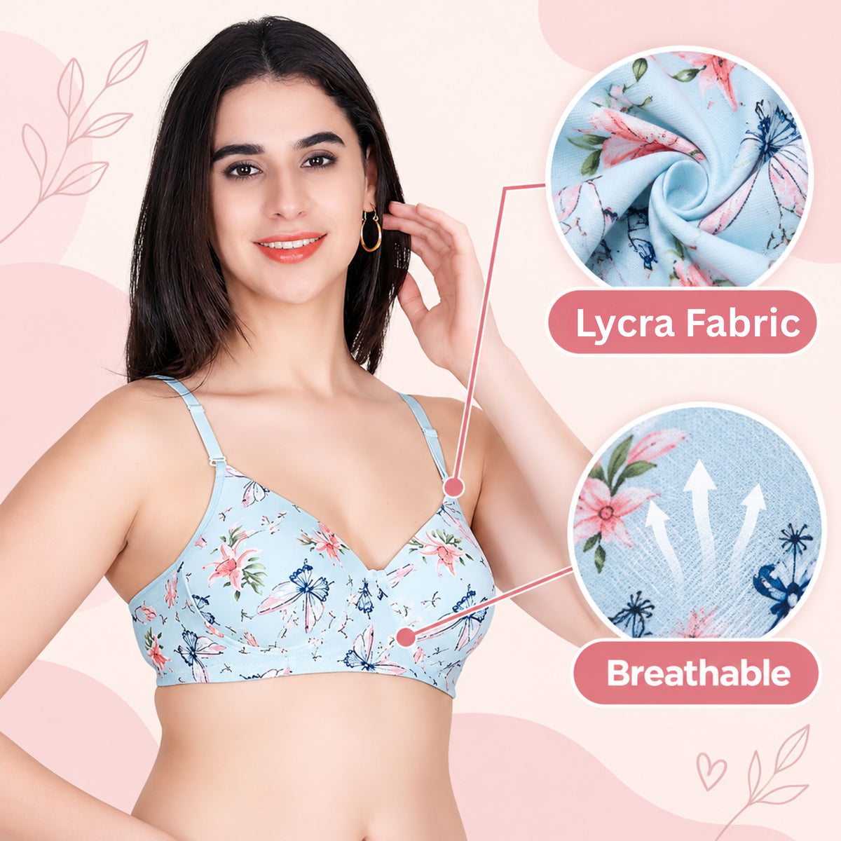 Aimly Floral Printed Soft Padded Lycra Mid Coverage Everyday Women Bra | Wireless Comfort Fit Breathable Stretch Fabric Lightly Padded Bra | Adjustable Strap Seamless Daily Wear Supportive lingerie