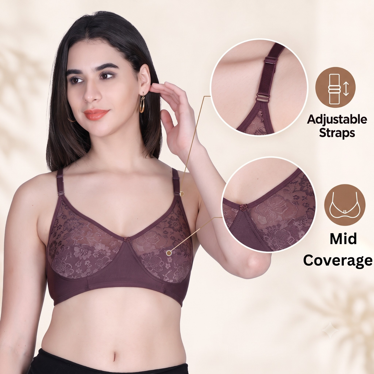 Aimly Women’s Lace Non-Padded Wireless Bra | Full Coverage Comfort Bra with Adjustable Straps | Soft Everyday Supportive Lingerie for Women (Pack 1)