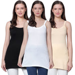 Women's Cotton Sleeveless U Neck Long Spaghetti Slips Regular Use Camisoles Multicolor pack of 3