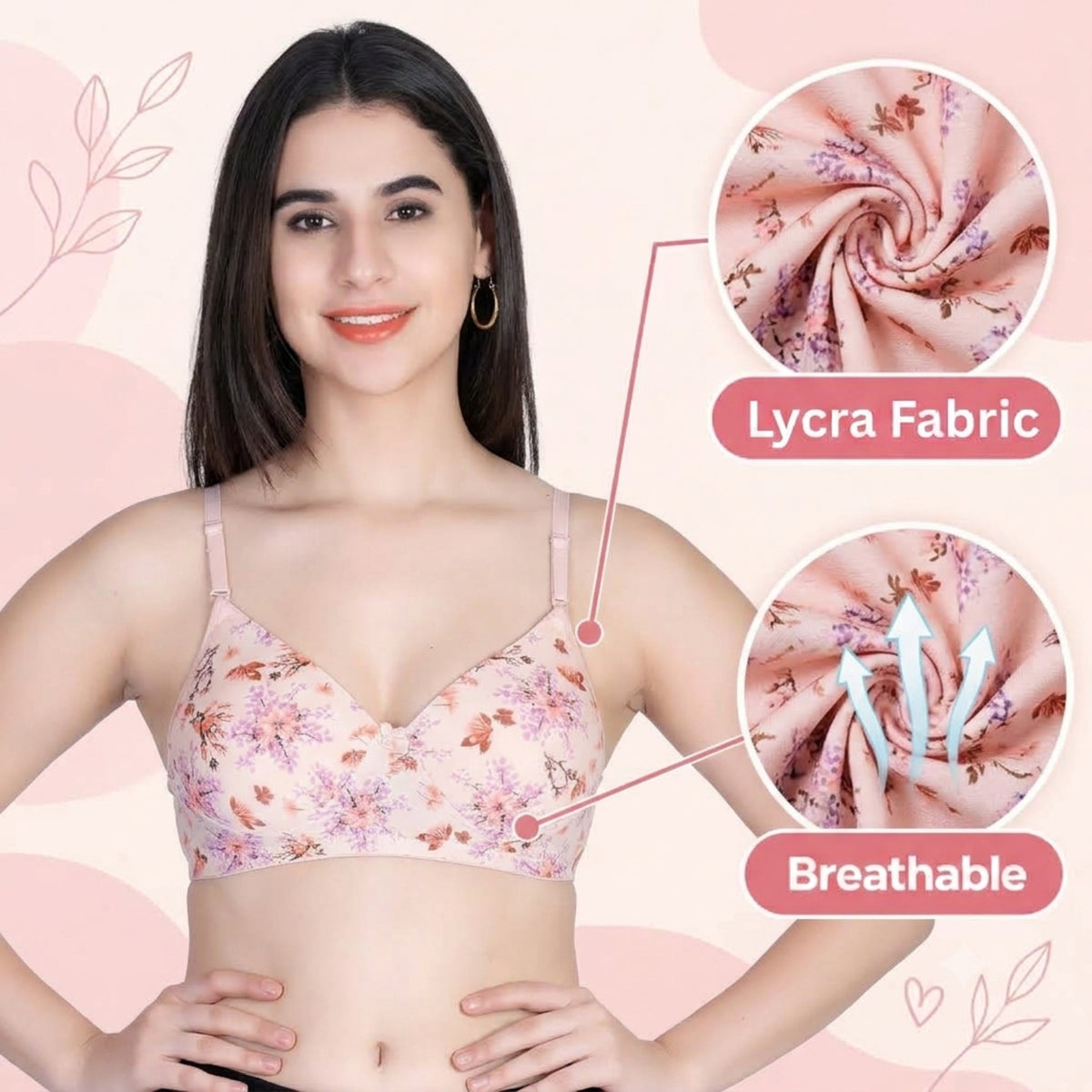 Aimly Floral Printed Soft Padded Lycra Mid Coverage Everyday Women Bra | Wireless Comfort Fit Breathable Stretch Fabric Lightly Padded Bra | Adjustable Strap Seamless Daily Wear Supportive lingerie