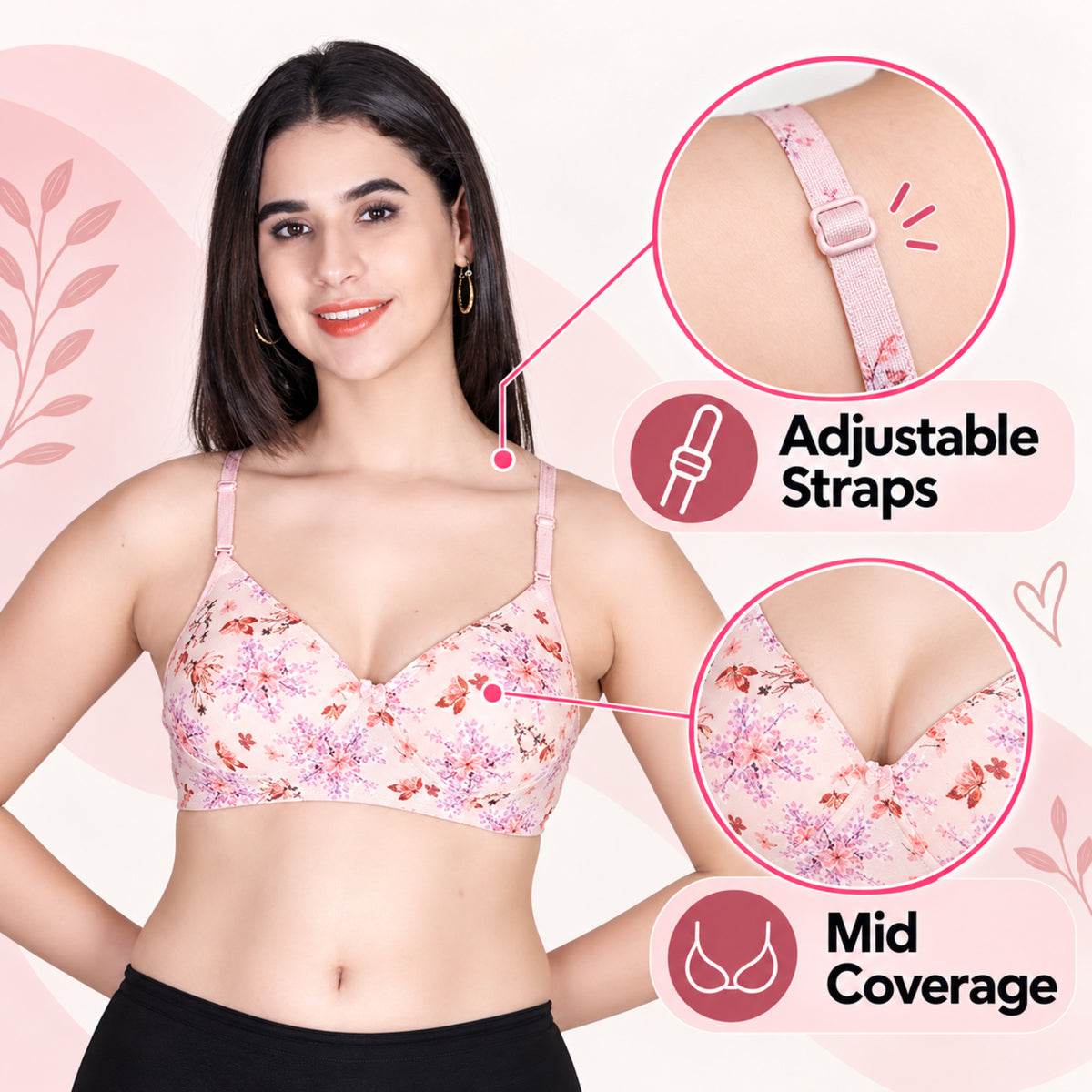 Aimly Floral Printed Soft Padded Lycra Mid Coverage Everyday Women Bra | Wireless Comfort Fit Breathable Stretch Fabric Lightly Padded Bra | Adjustable Strap Seamless Daily Wear Supportive lingerie