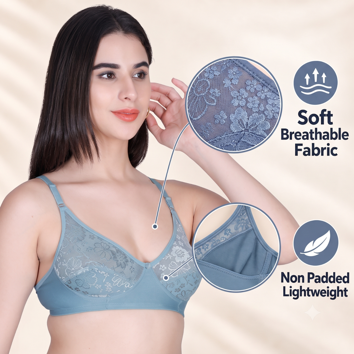 Aimly Women’s Lace Non-Padded Wireless Bra | Full Coverage Comfort Bra with Adjustable Straps | Soft Everyday Supportive Lingerie for Women (Pack 1)