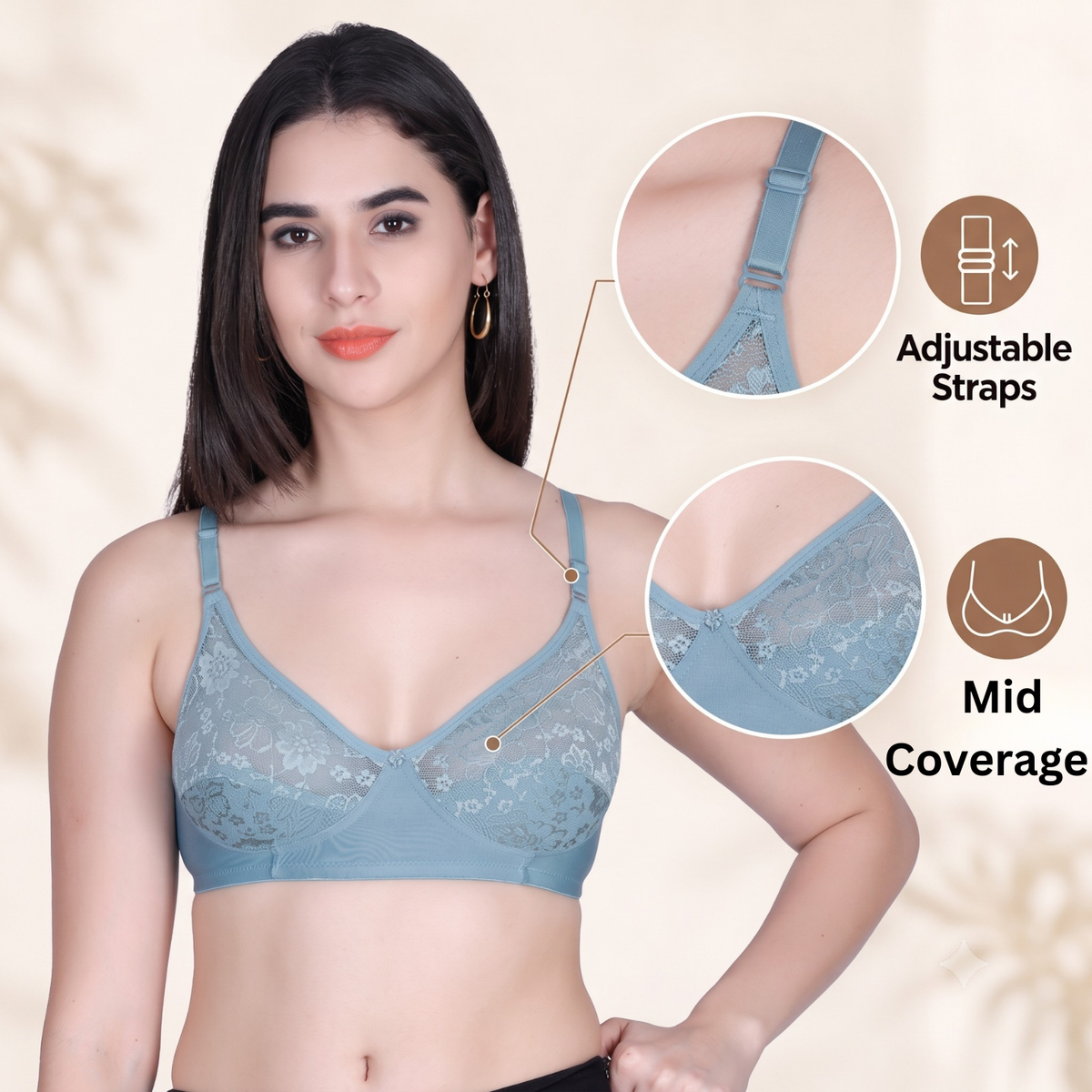 Aimly Women’s Lace Non-Padded Wireless Bra | Full Coverage Comfort Bra with Adjustable Straps | Soft Everyday Supportive Lingerie for Women (Pack 1)