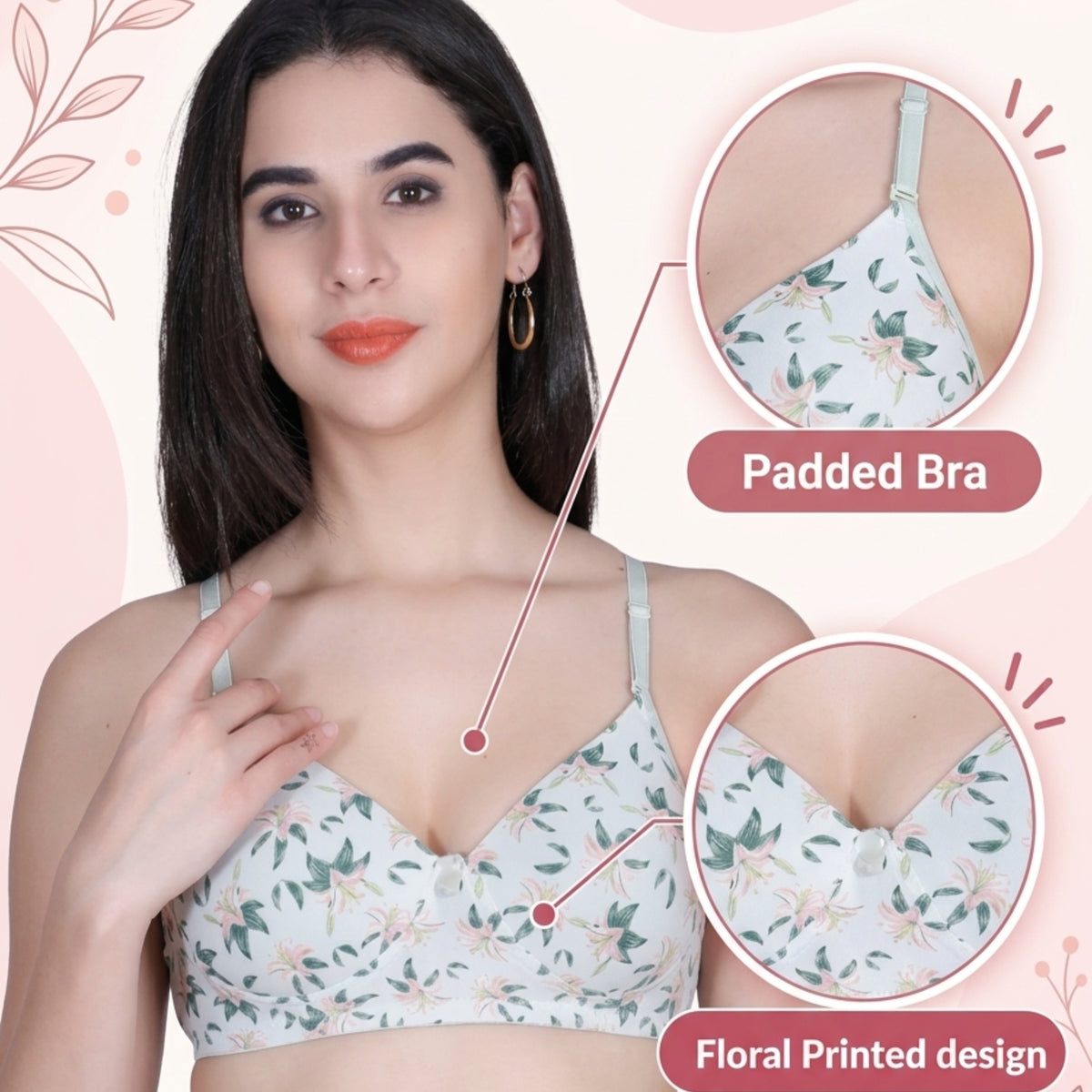 Aimly Floral Printed Soft Padded Lycra Mid Coverage Everyday Women Bra | Wireless Comfort Fit Breathable Stretch Fabric Lightly Padded Bra | Adjustable Strap Seamless Daily Wear Supportive lingerie