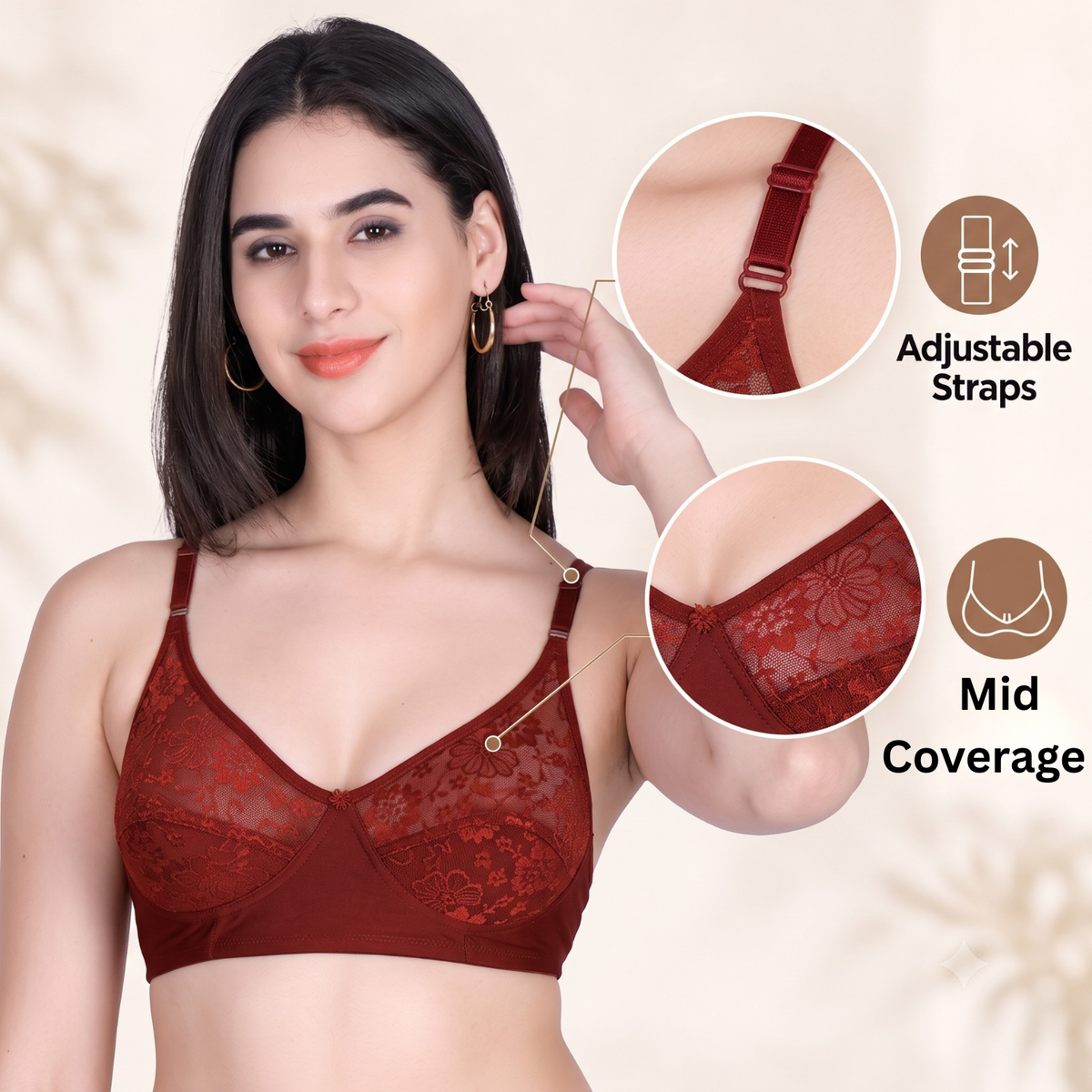Aimly Women’s Lace Non-Padded Wireless Bra | Full Coverage Comfort Bra with Adjustable Straps | Soft Everyday Supportive Lingerie for Women (Pack 1)
