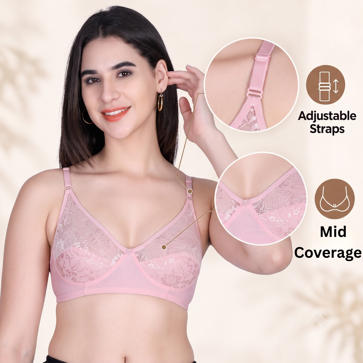 Aimly Women’s Lace Non-Padded Wireless Bra | Full Coverage Comfort Bra with Adjustable Straps | Soft Everyday Supportive Lingerie for Women (Pack 1)