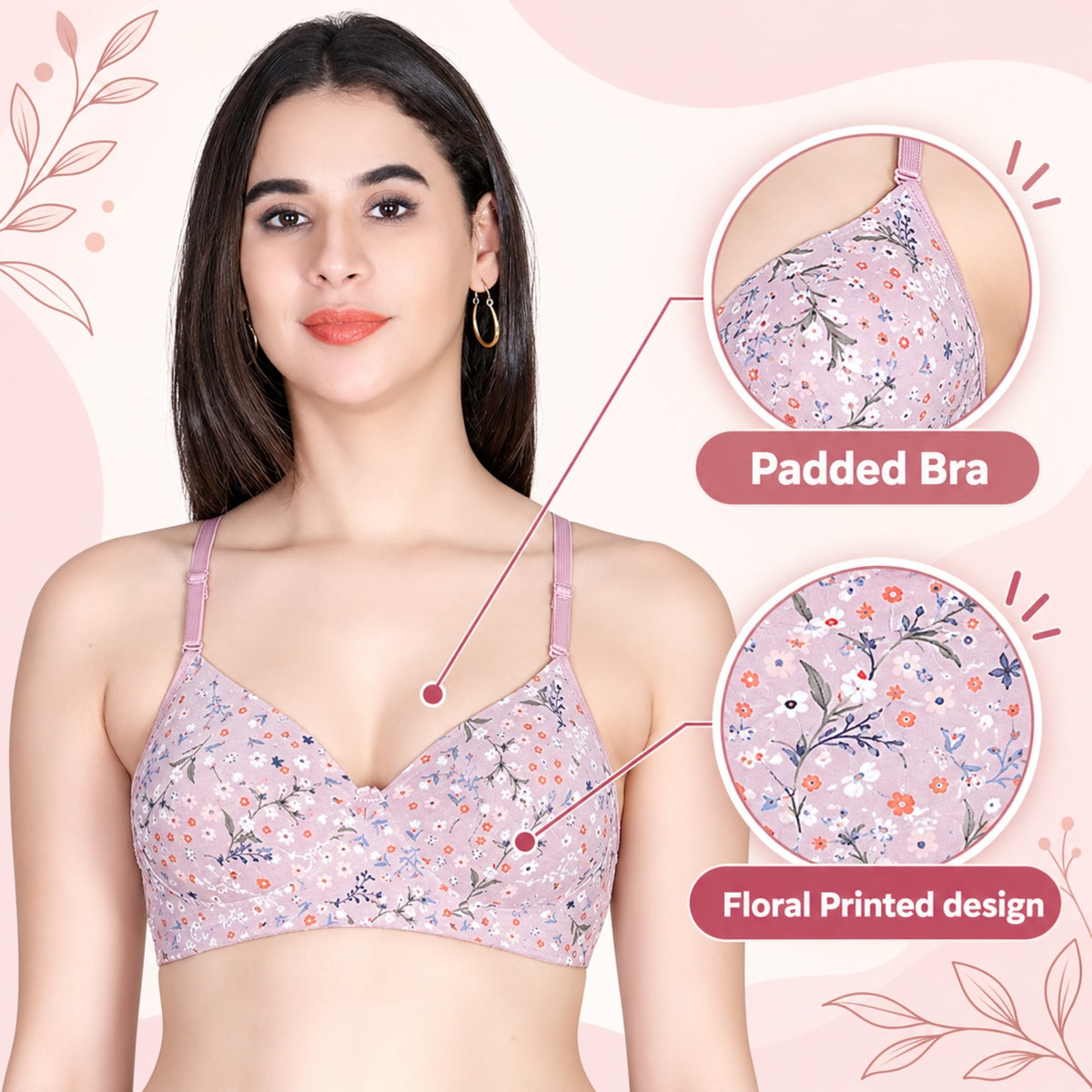 Aimly Floral Printed Soft Padded Lycra Mid Coverage Everyday Women Bra | Wireless Comfort Fit Breathable Stretch Fabric Lightly Padded Bra | Adjustable Strap Seamless Daily Wear Supportive lingerie