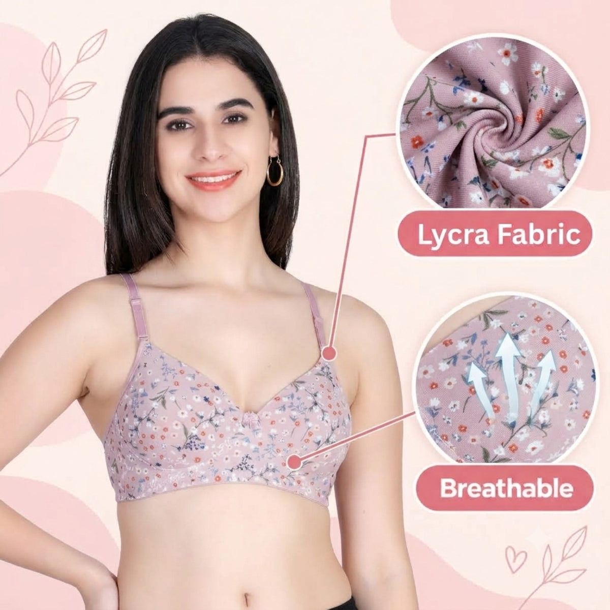 Aimly Floral Printed Soft Padded Lycra Mid Coverage Everyday Women Bra | Wireless Comfort Fit Breathable Stretch Fabric Lightly Padded Bra | Adjustable Strap Seamless Daily Wear Supportive lingerie