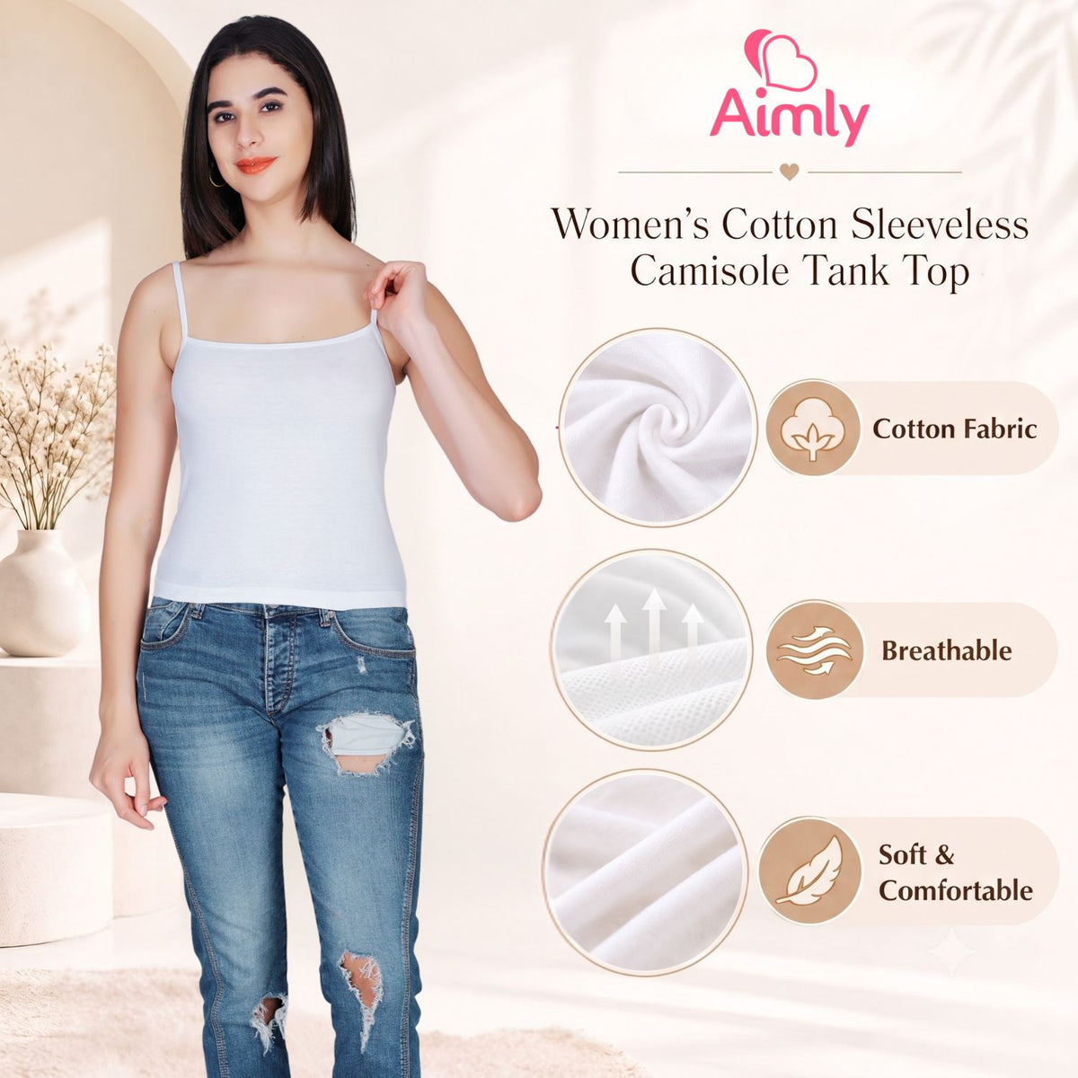 Aimly Women’s Cotton Camisole | Sleeveless Spaghetti Strap Innerwear Vest | Soft Breathable Lightweight Daily Wear Sleepwear Camisole with Slim Straps | Casual Solid Basic Tank Top for Girls & Women | Comfortable Everyday Innerwear | Undershirt Vest