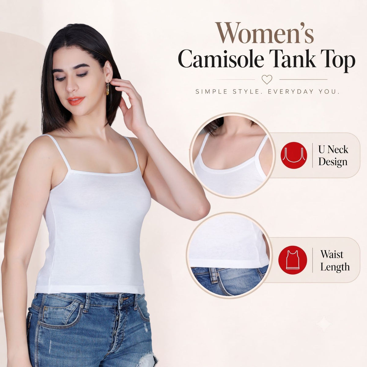 Aimly Women’s Cotton Camisole | Sleeveless Spaghetti Strap Innerwear Vest | Soft Breathable Lightweight Daily Wear Sleepwear Camisole with Slim Straps | Casual Solid Basic Tank Top for Girls & Women | Comfortable Everyday Innerwear | Undershirt Vest