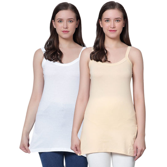 Women's Cotton Sleeveless U Neck Long Spaghetti Slips Regular Use Camisoles 1 white 1 bge pack of 2