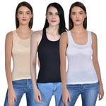 Women's Regular Fit Wide Strap Sleeveless Cotton Camisole Slip Spaghetti Beige_Black_White Combo pack of 3
