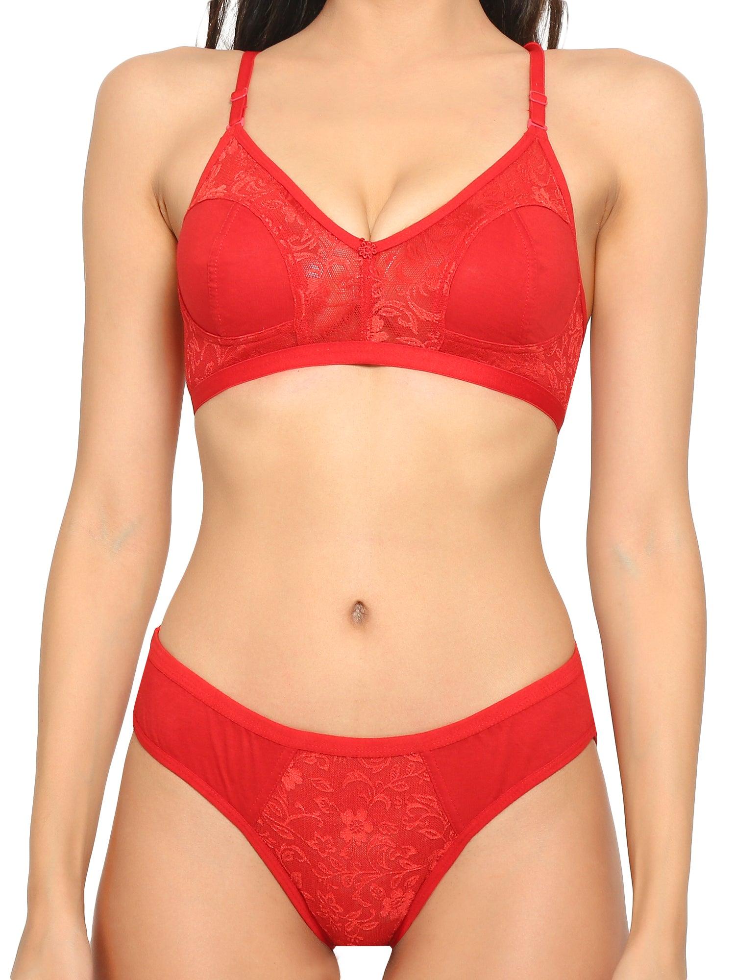 Women's Red Strappy Lace Bralette High Waist Lace Up Panty Set